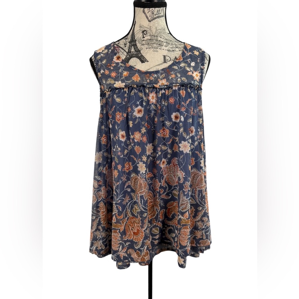 Knox Rose Baby Doll Dusty Blue &  Rose Floral Layered Blouse With Ruffle Size L